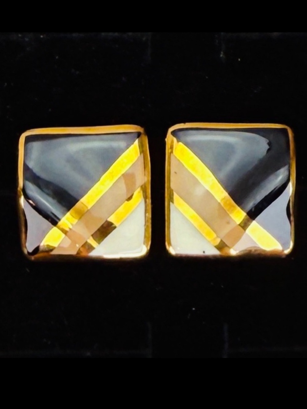 Vintage Goldtone black Geometric Square Pierced Earrings